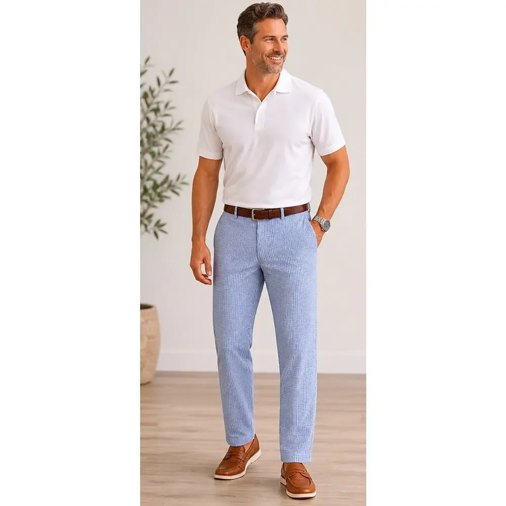 Peter Millar Men’s Pants 34 Blue Plaid Seersucker 100% Cotton Cuffed Golf Preppy
